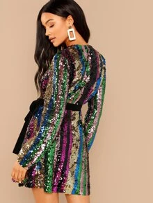 SHEIN Color Block Sequin Surplice Dress - Multicolor - View 2