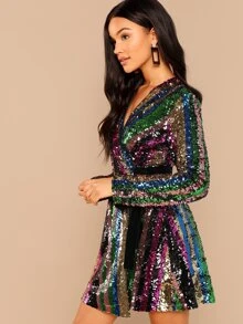 SHEIN Color Block Sequin Surplice Dress - Multicolor - View 3