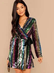 SHEIN Color Block Sequin Surplice Dress - Multicolor - View 1