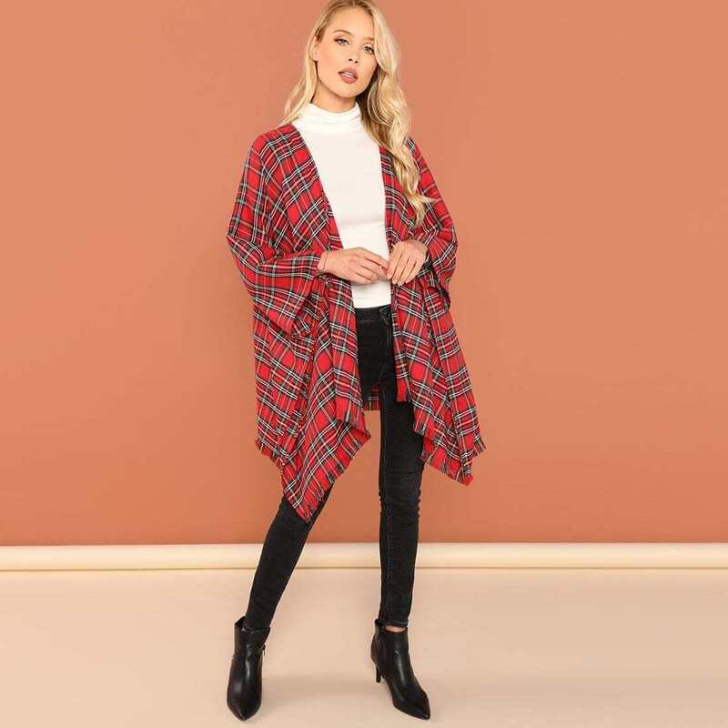 

Raw Hem Plaid Print Coat, Red
