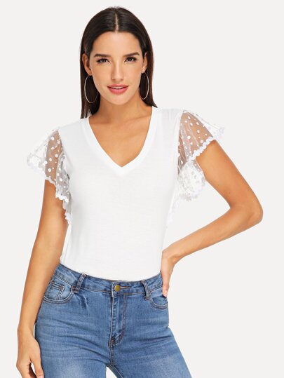 Dot Mesh Sleeve V Neck Tee pictures