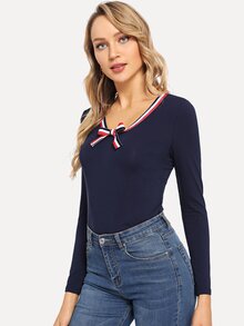 Striped Tie Neck Solid Tee