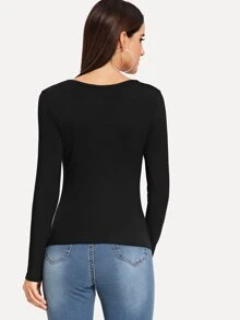 SHEIN Square Neck Fitted Solid Tee - Black - View 2