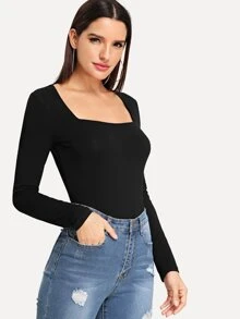 SHEIN Square Neck Fitted Solid Tee - Black - View 4