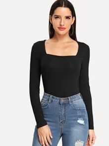 SHEIN Square Neck Fitted Solid Tee - Black - View 3