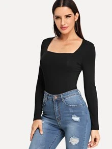 SHEIN Square Neck Fitted Solid Tee - Black - View 1