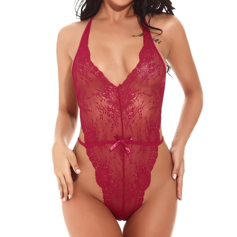 

Scalloped Trim Lace Teddy Bodysuit, Red