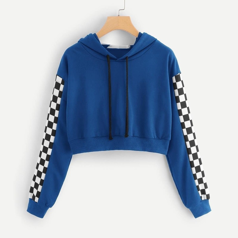 

Gingham Panel Drawstring Hoodie, Blue