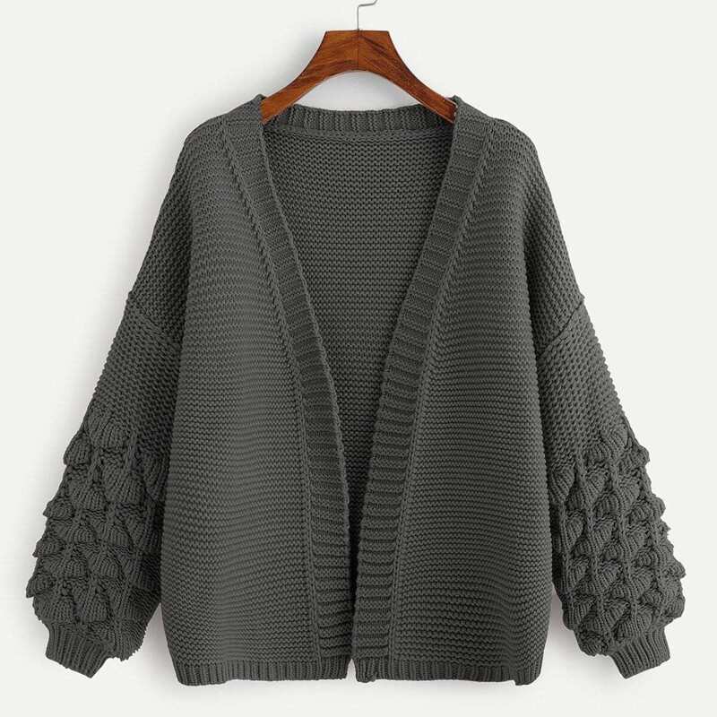 

Crochet Bishop Sleeve Cardigan, Grey
