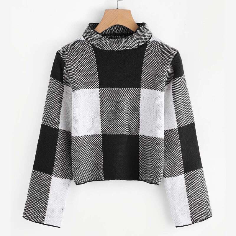 

Funnel Neck Plaid Sweater, Black and white