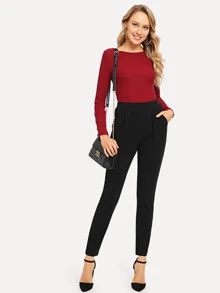 SHEIN Essnce Pantalones lisos ajustados - Negro - Ver 4