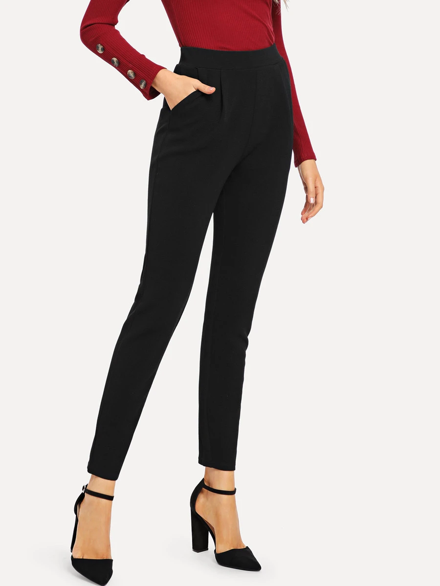 SHEIN Essnce Pantalones lisos ajustados - Negro - Ver 1