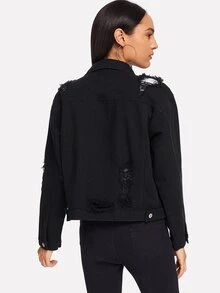 SHEIN Pocket Patched Ripped Jacket - Black - View 2