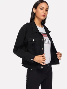 SHEIN Pocket Patched Ripped Jacket - Black - View 4