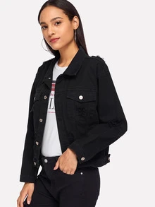 SHEIN Pocket Patched Ripped Jacket - Black - View 3