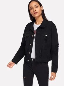 SHEIN Pocket Patched Ripped Jacket - Black - View 1