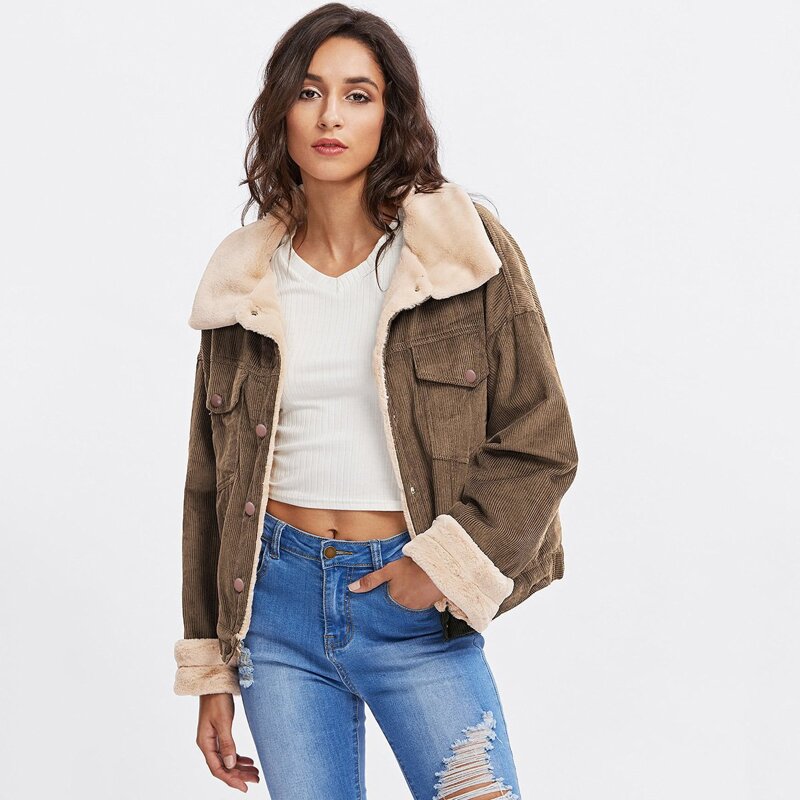 

Fleece Inside Drop Shoulder Corduroy Jacket, Khaki