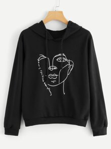 Drawstring Sketch Print Hoodie