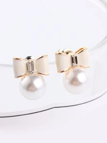 Bow Detail Faux Pearl Stud Earrings 1pair Valentines - White - View 2