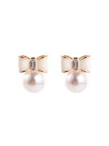 Bow Detail Faux Pearl Stud Earrings 1pair Valentines - White - View 3