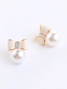Bow Detail Faux Pearl Stud Earrings 1pair Valentines - White - View 1