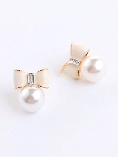 Bow Detail Faux Pearl Stud Earrings 1pair Valentines