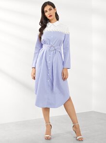 Flower Applique Cut-and-Sew Striped Shirt Dress