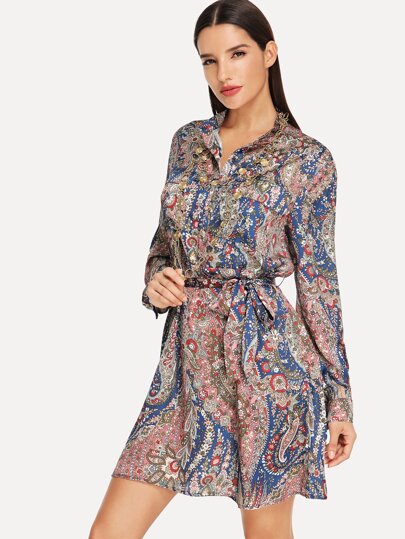 Waist Belted Ornate Print Dress pictures