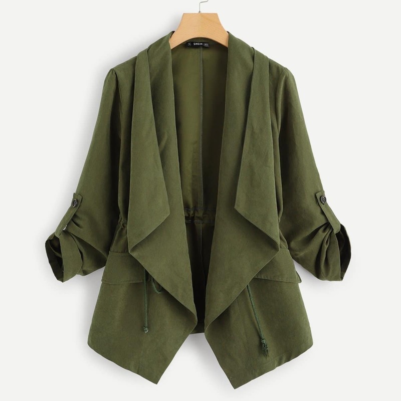 

Solid Pocket Front Drawstring Waterfall Coat, Army green