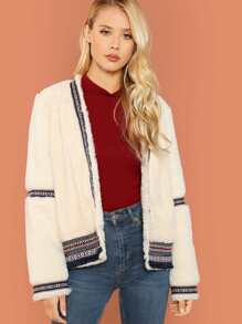 Contrast Tape Tassel Hem Teddy Coat