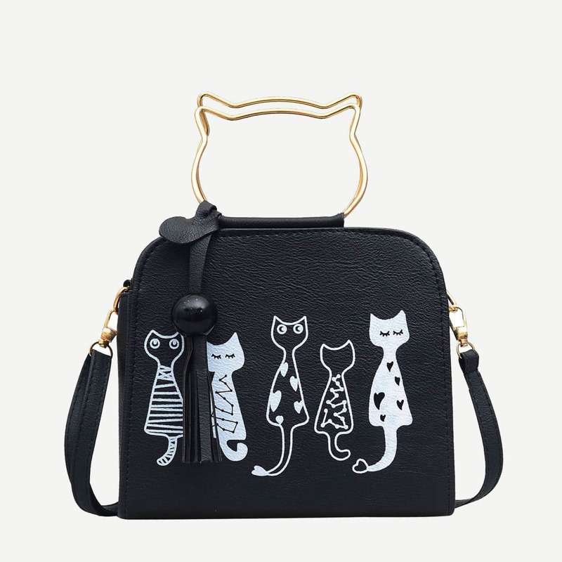 

Cartoon Print PU Shoulder Bag With Cat Ear Handle, Black