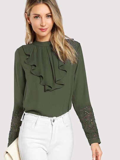 Flounce Neck Lace Cuff Top pictures