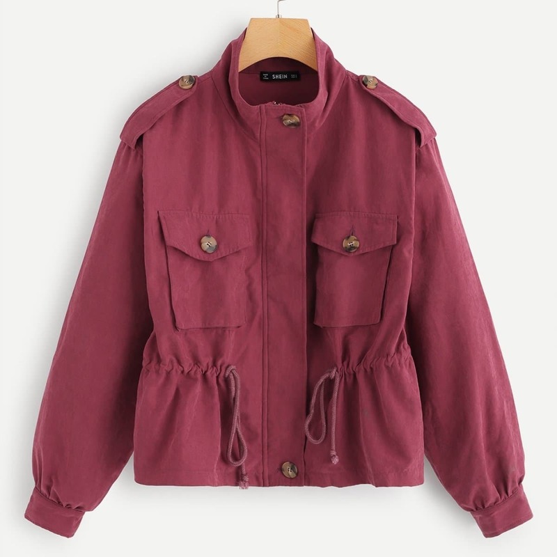 

Drawstring Waist Pocket Print Utility Coat, Burgundy