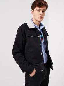 GENTILAND 男士拼接人造羊羔絨衣領單排扣卡車司機夾克 - 黑色 - 查看 5