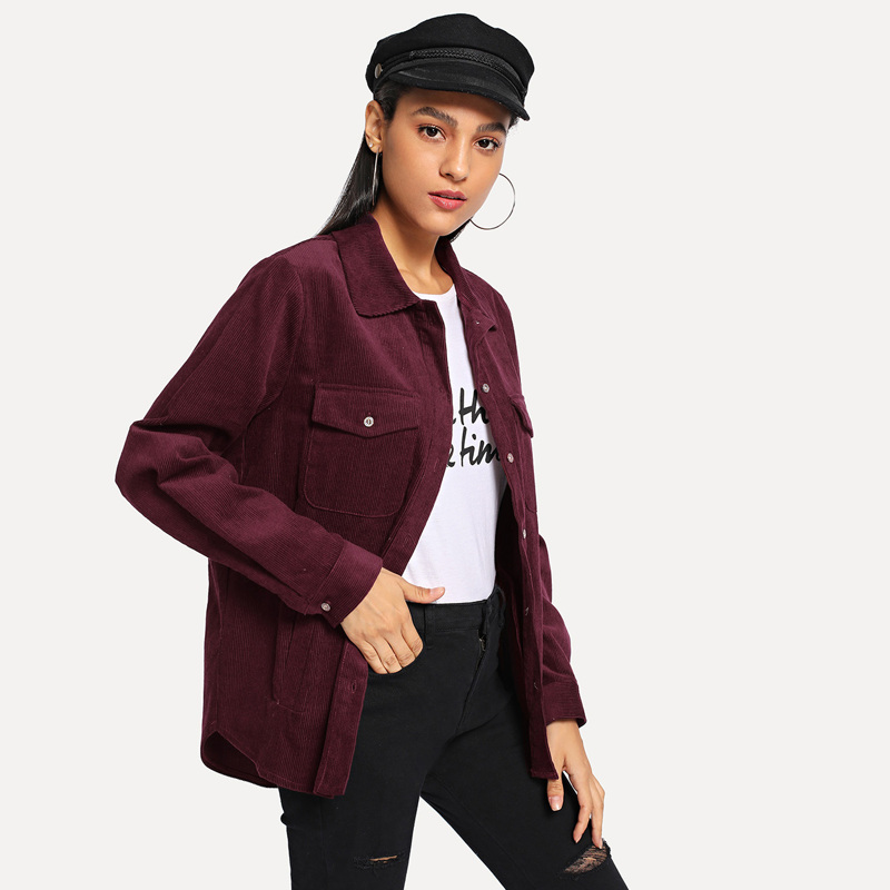 

Corduroy Pocket Decoration Collar Coat, Burgundy