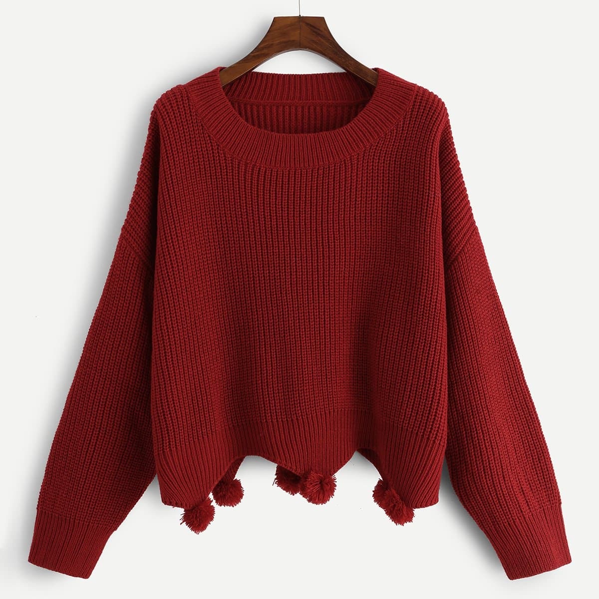 Plus Drop Shoulder Pompom Hem Sweater