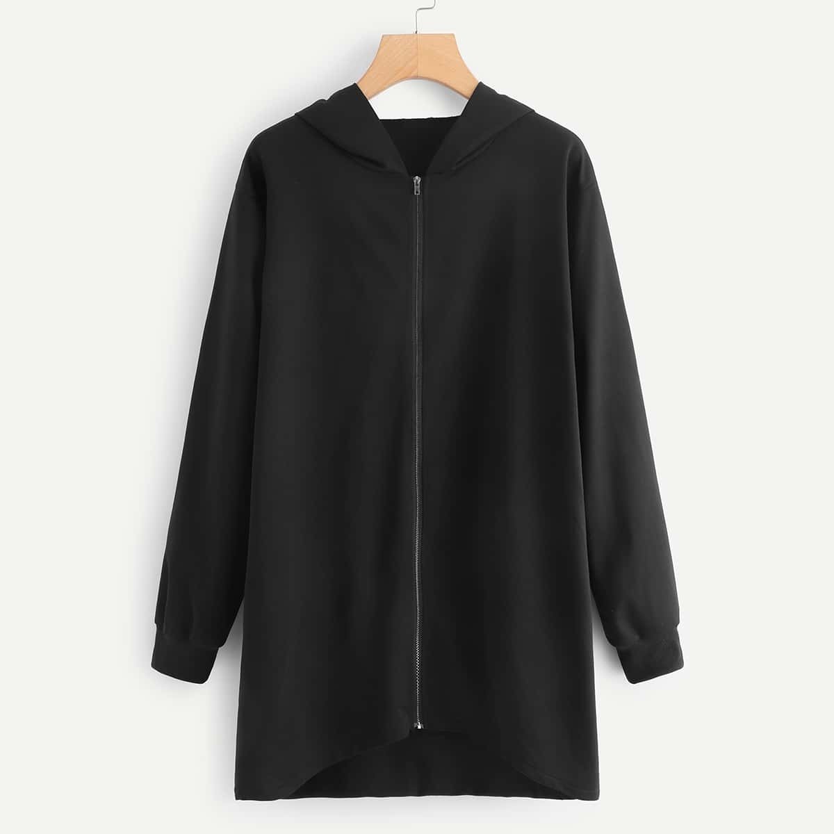 

Solid Dip Hem Hooded Coat, Black