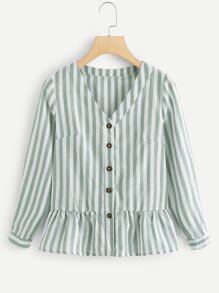 Single Breasted Ruffle Hem Striped Blouse