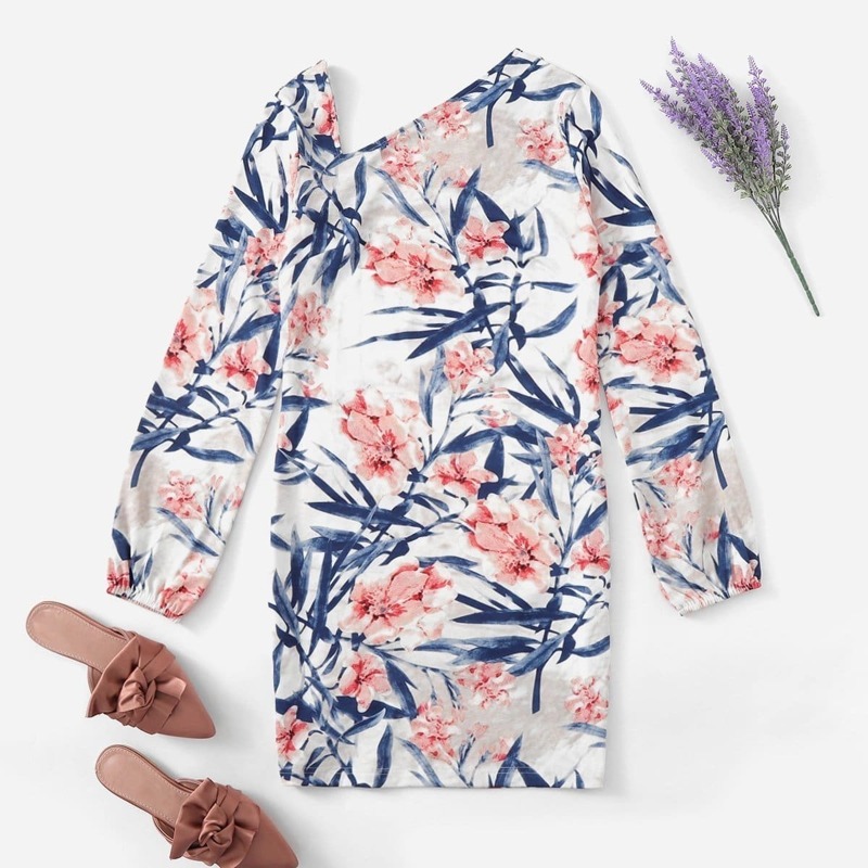 

Floral Print Asymmetrical Neck Dress, Multicolor
