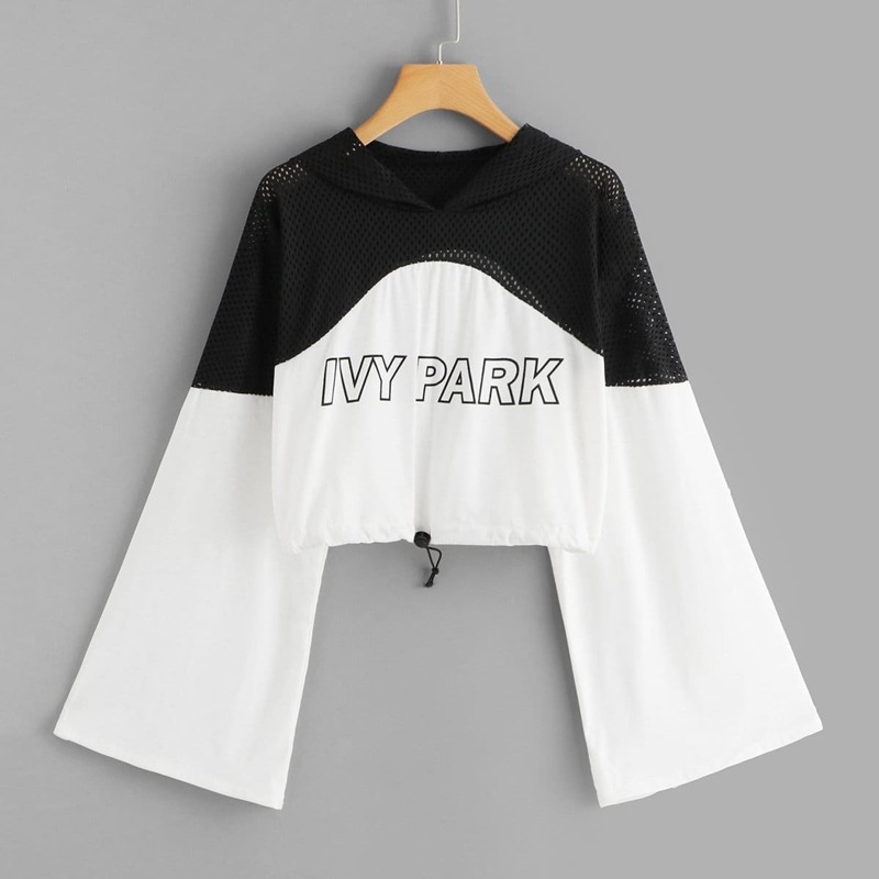 

Contrast Fishnet Letter Print Hoodie, Black and white