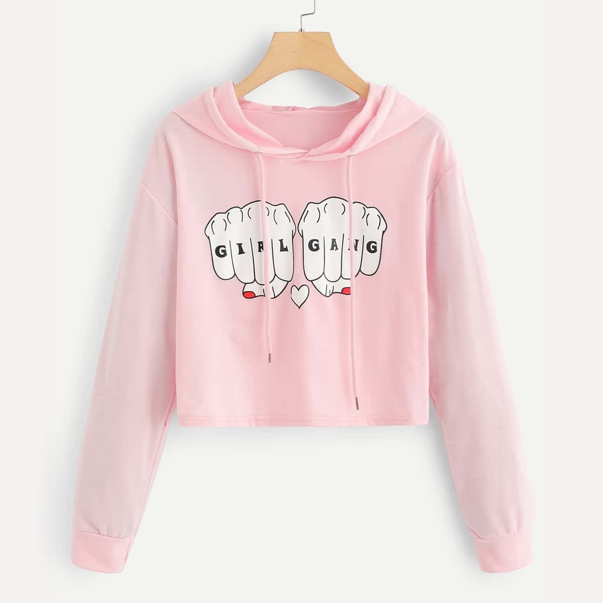 

Letter Print Drawstring Hoodie, Pink