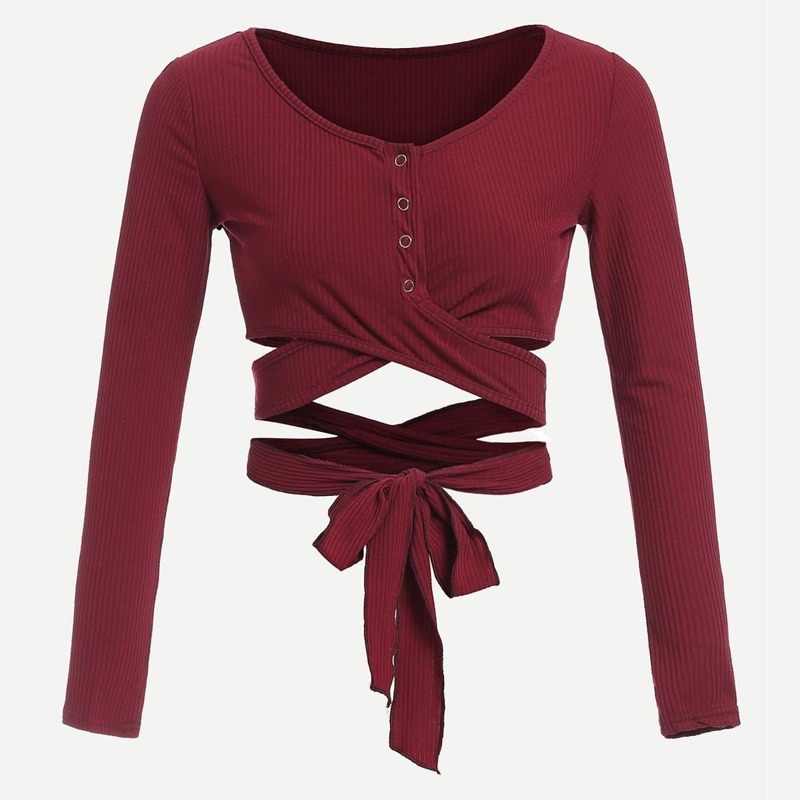 

Criss Cross Knot Hem Popper Tee, Burgundy
