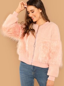 Faux Fur Detail Zip Up Teddy Jacket