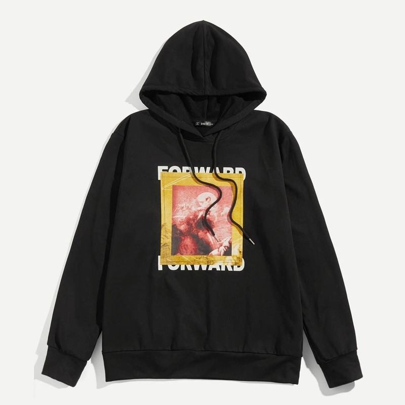 

Guys Graphic Patched Letter Print Drawstring Hoodie, Black