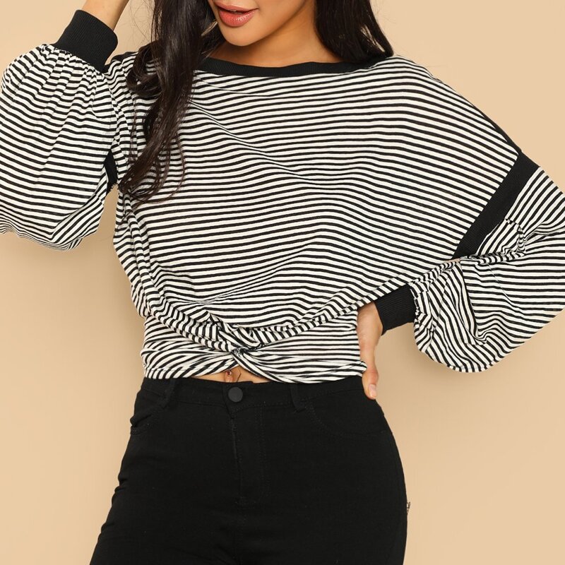 

Twist Front Striped Pullover, Black and white