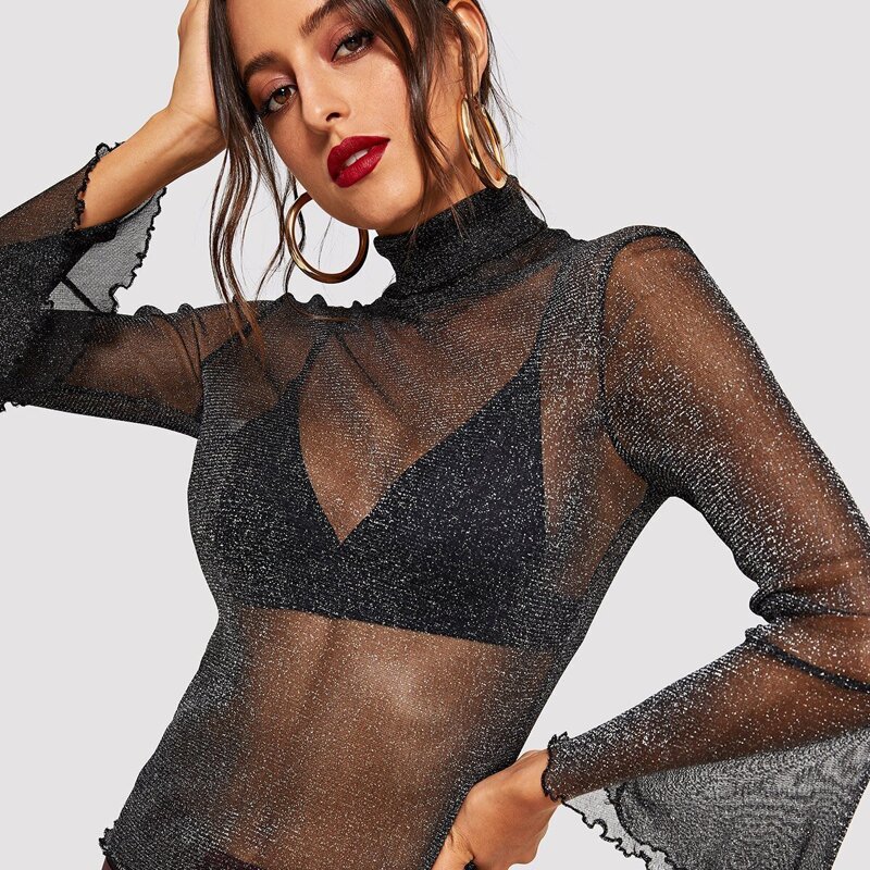 

High Neck Lettuce Trim Sheer Glitter Top, Black