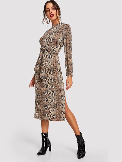 Knot Front Slit Side Snakeskin Dress