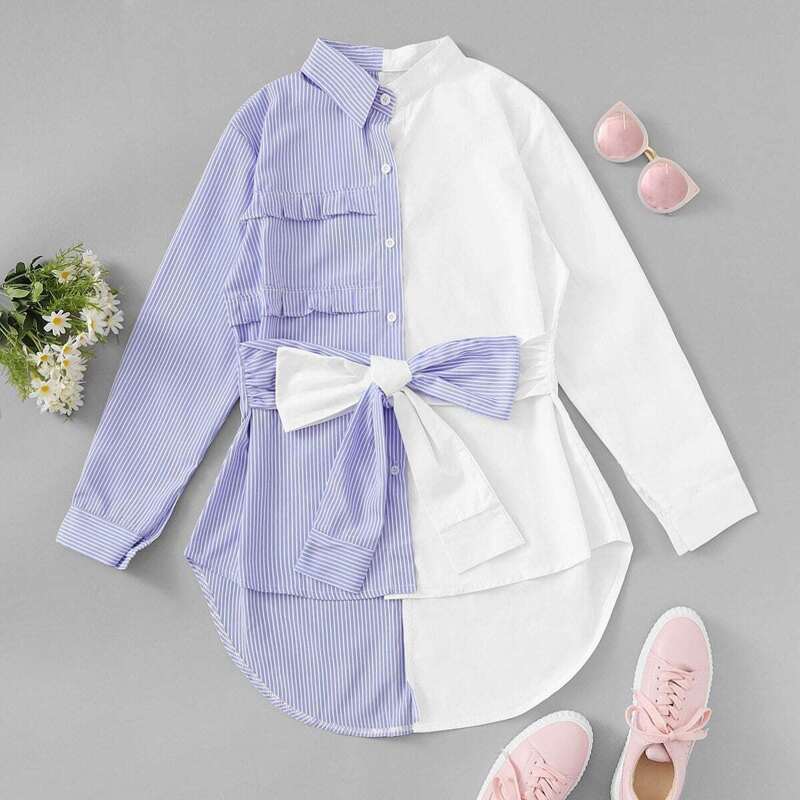 

Striped Ruffle Knot Waist Blouse, Multicolor