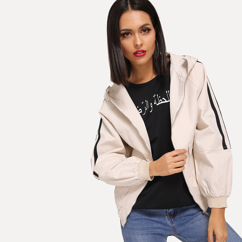 

Striped Pocket Detail Hooded Jacket, Beige