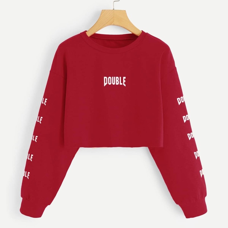 

Letter Print Crop Sweatshirt, Red